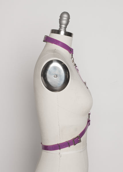 Apatico - purple pvc harness - detachable choker collar - pastelgoth nugoth fashion - statement accessory - violet pvc - pop of color - seattle fashion designer - side 2