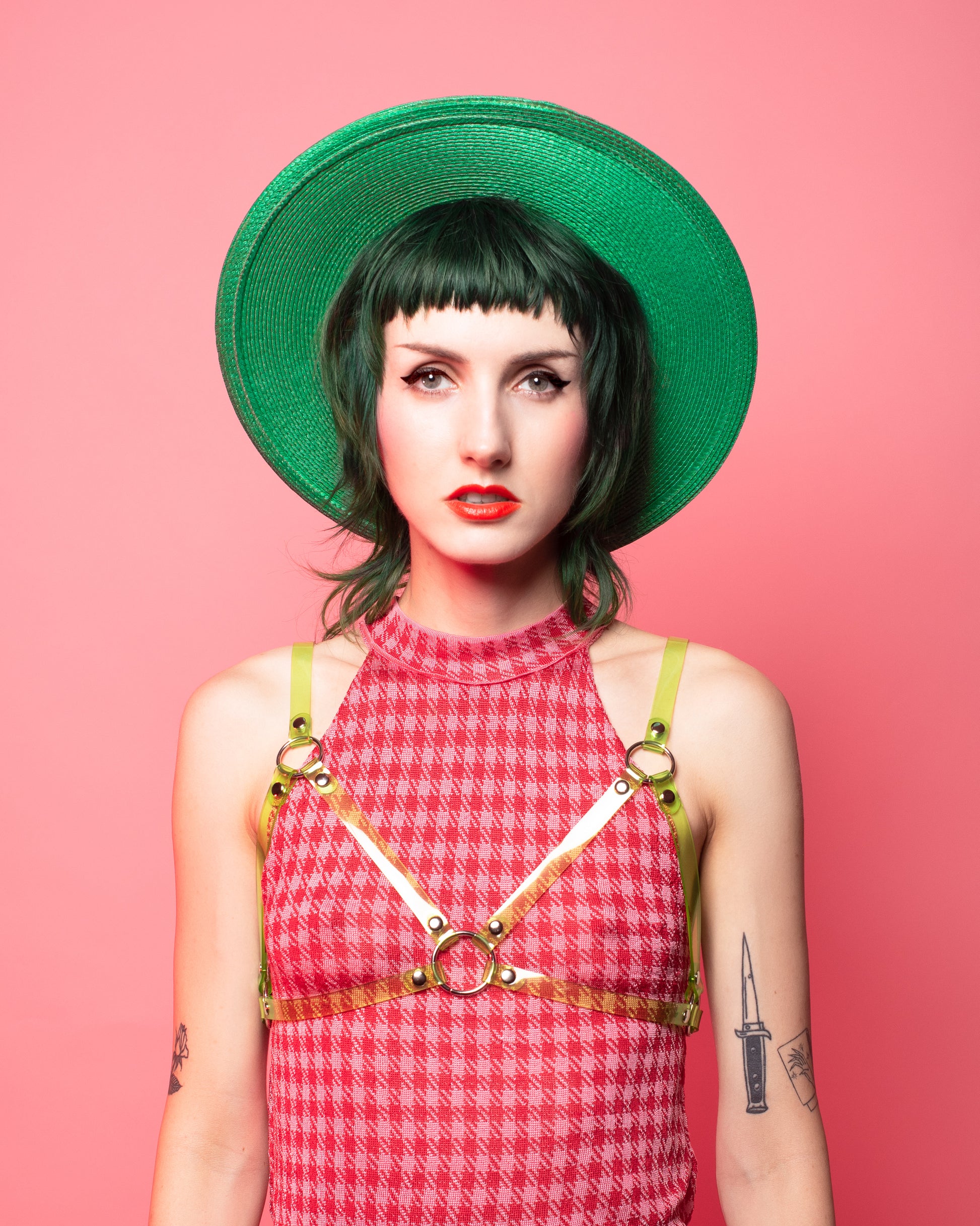 Apatico - Neon Cage Bra - Pink Green PVC - UV Reactive - Clubkids Apatico - Neon Cage Bra - Pink Green PVC - UV Reactive - Clubkids