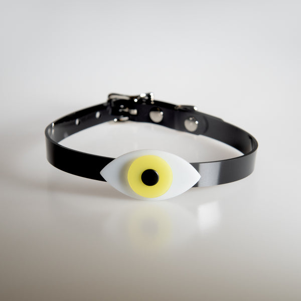 Apatico eyeball choker collar in lemon yellow for Pride.