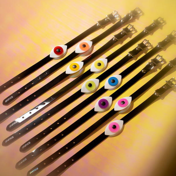 Apatico eyeball choker collars in a rainbow of colors for Pride.