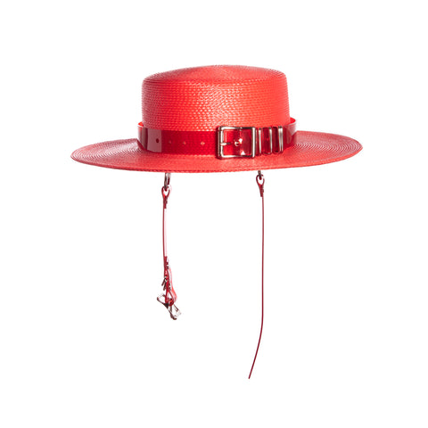 Red wide brim faux straw hat with translucent red pvc harness strap details.