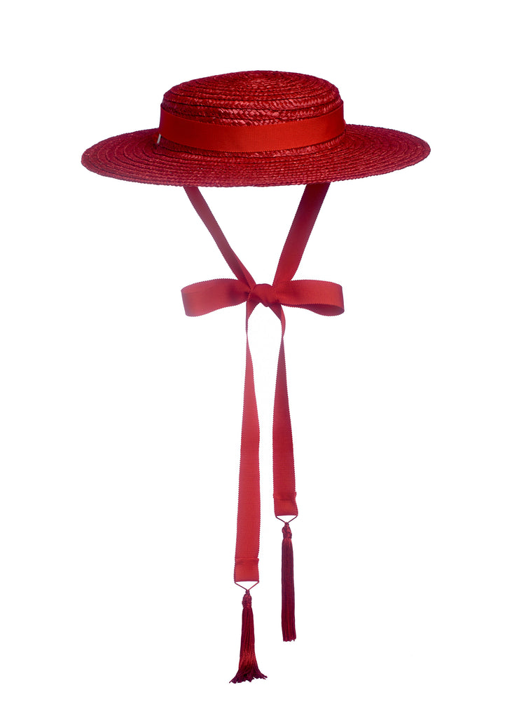 Stiff Ribbon Hat Apatico - Gothic Millinery - Tiffany Straw Hat - Red Ribbon - Wide Brim