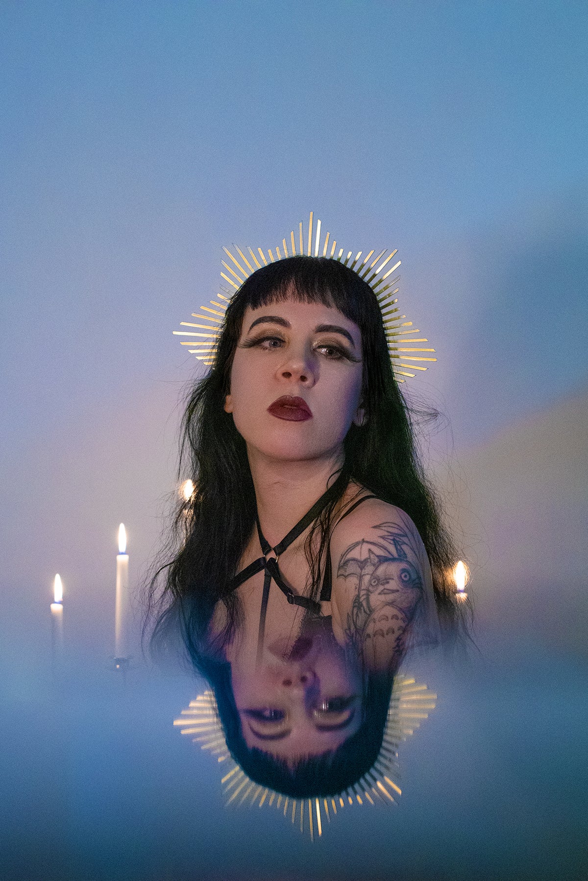 Star shaped halo crown headpiece made out of gold zip ties by Apatico.