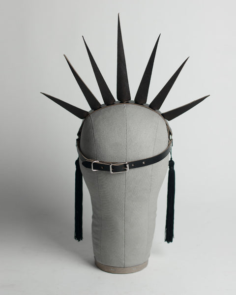 Apatico Strega Crown - spiked harness crown headpiece with studding and tassels - back view.