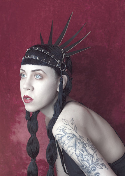 Apatico Strega Crown - spiked harness crown headpiece with studding and tassels.  Worn.