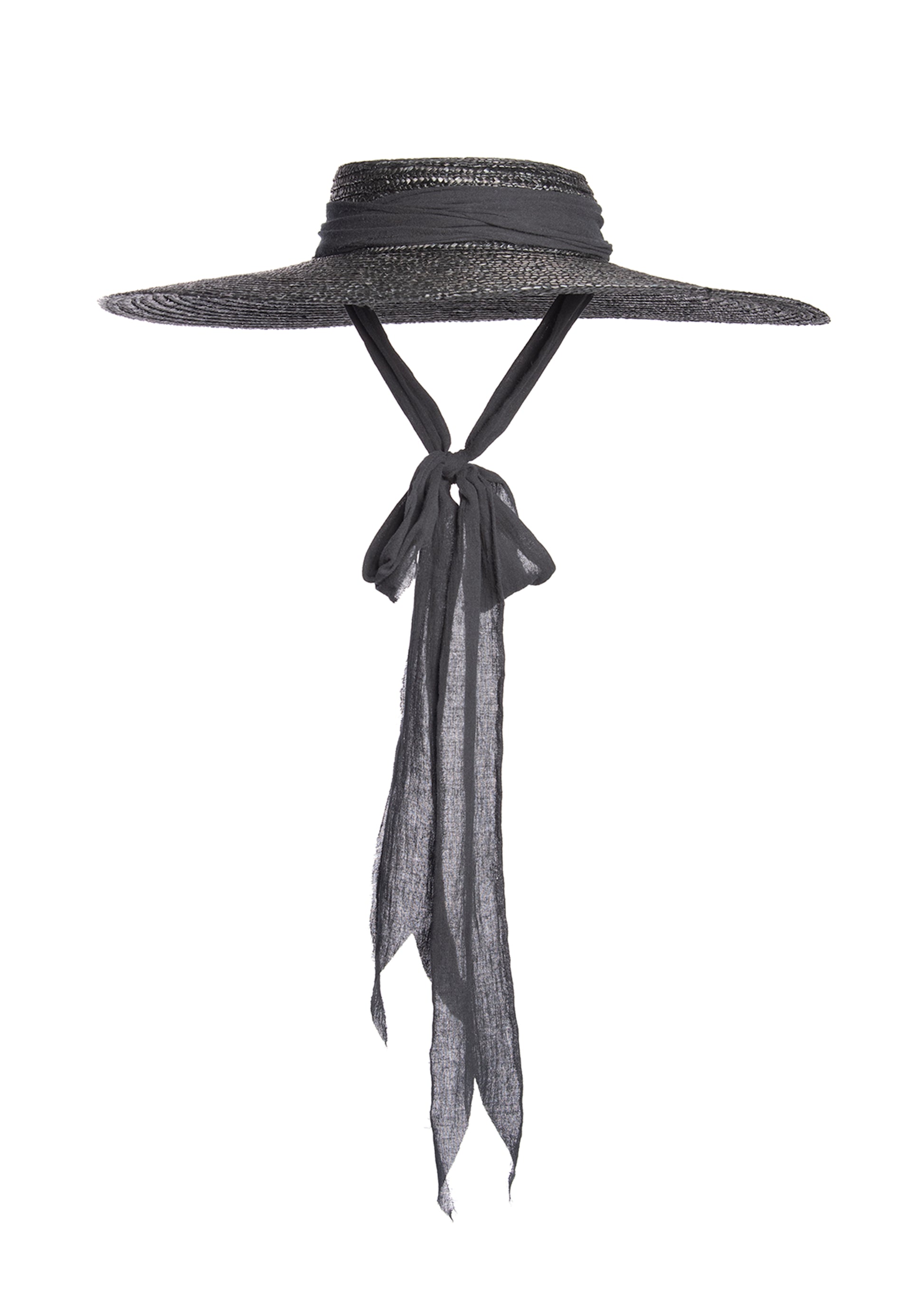 Black wide brim straw hat with long gauze ties - cottagegoth summer witchy beach hat.
