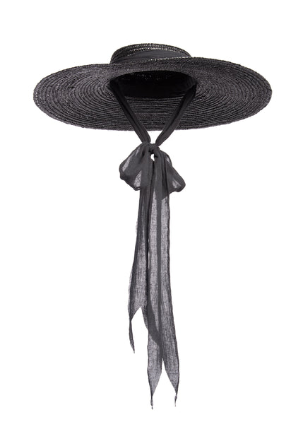 Black wide brim straw hat with long gauze ties - cottagegoth summer witchy beach hat.