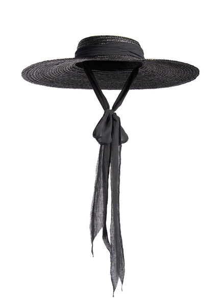 Black wide brim straw hat with long gauze ties - cottagegoth summer witchy beach hat.