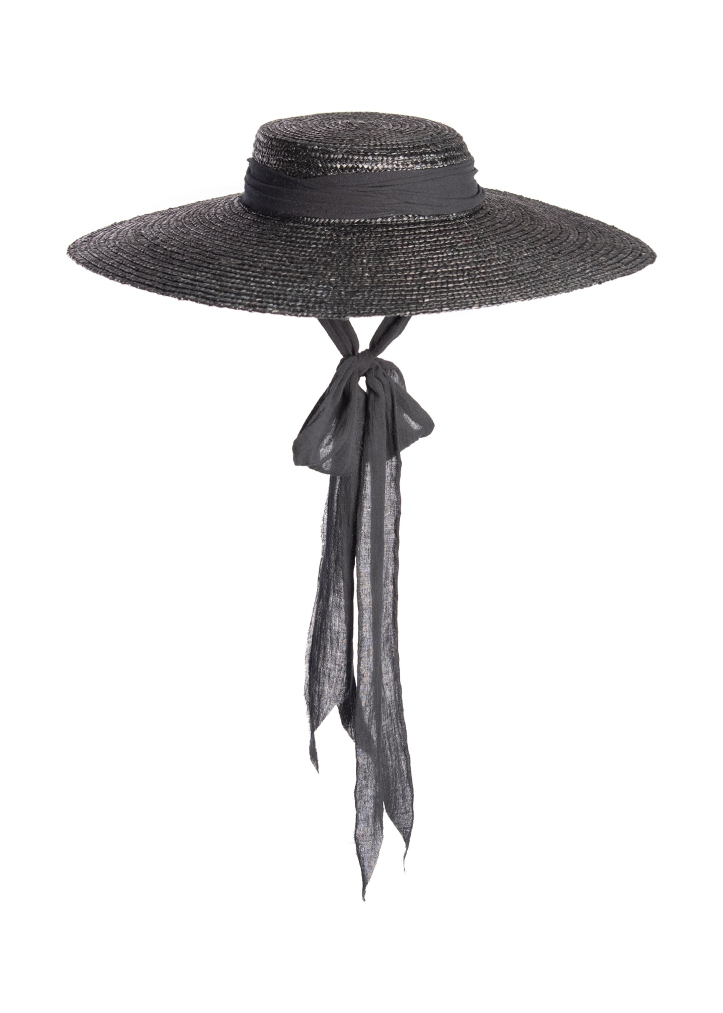Black wide brim straw hat with long gauze ties - cottagegoth summer witchy beach hat.