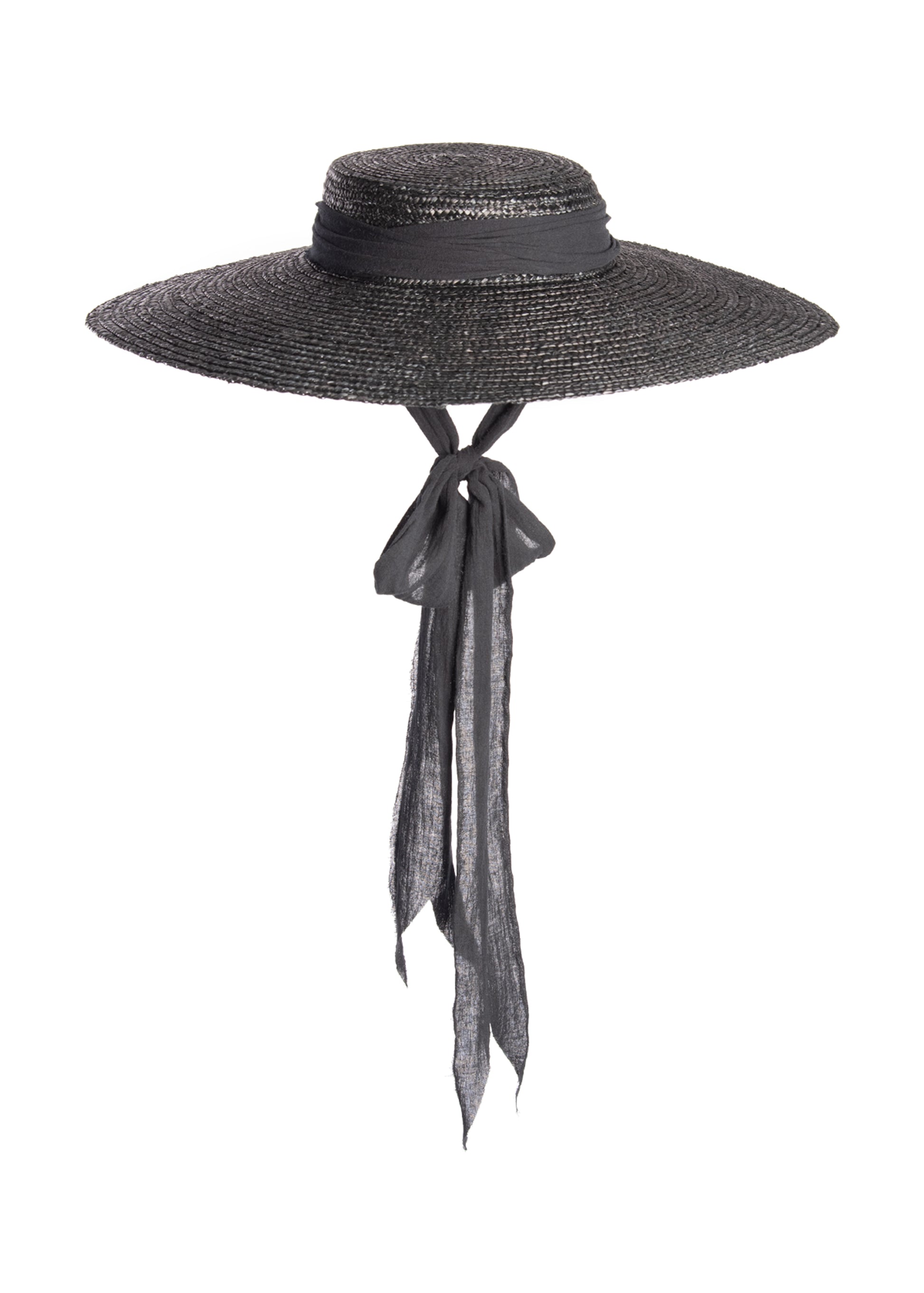 Black wide brim straw hat with long gauze ties - cottagegoth summer witchy beach hat.