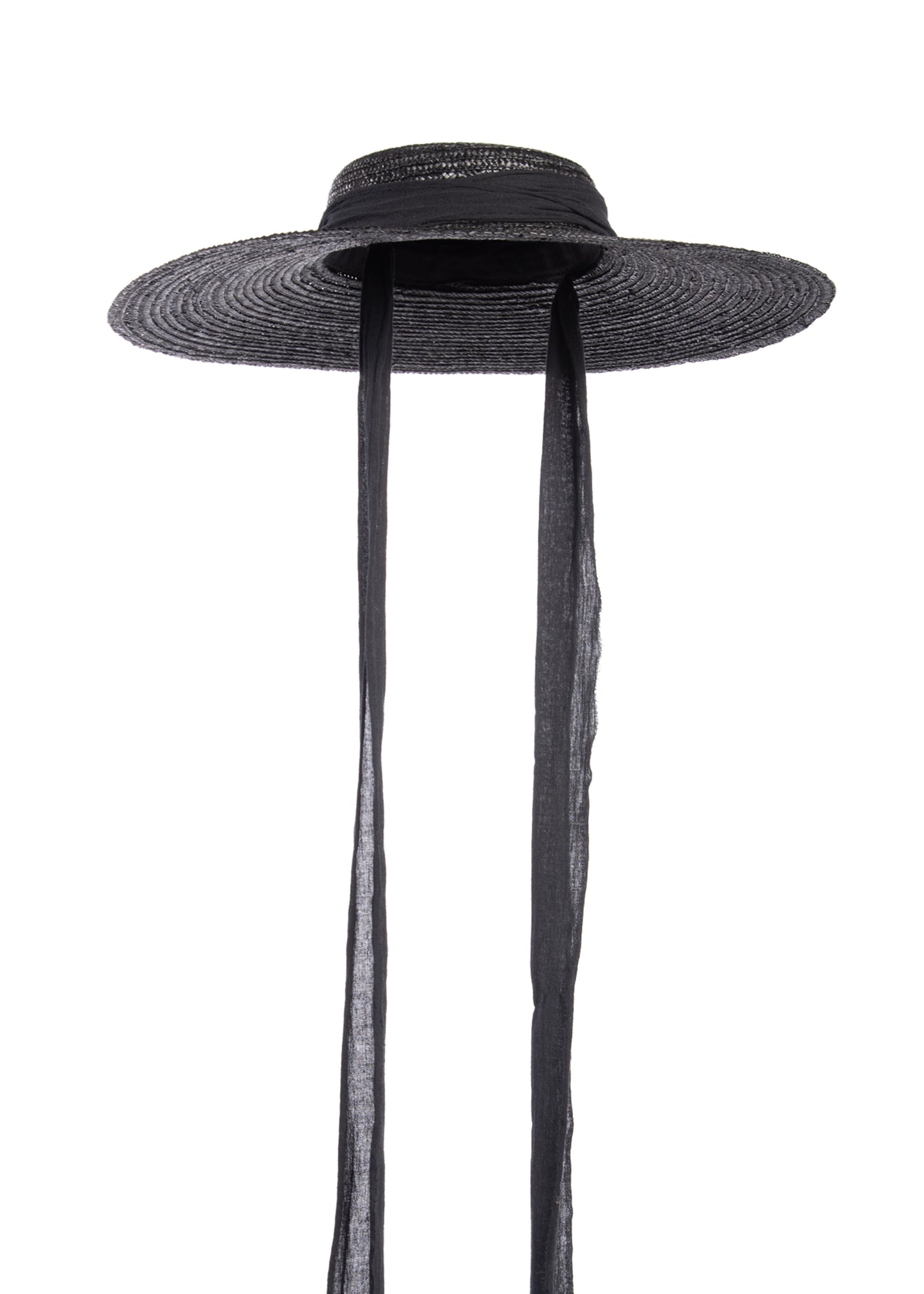 Black wide brim straw hat with long gauze ties - cottagegoth summer witchy beach hat.