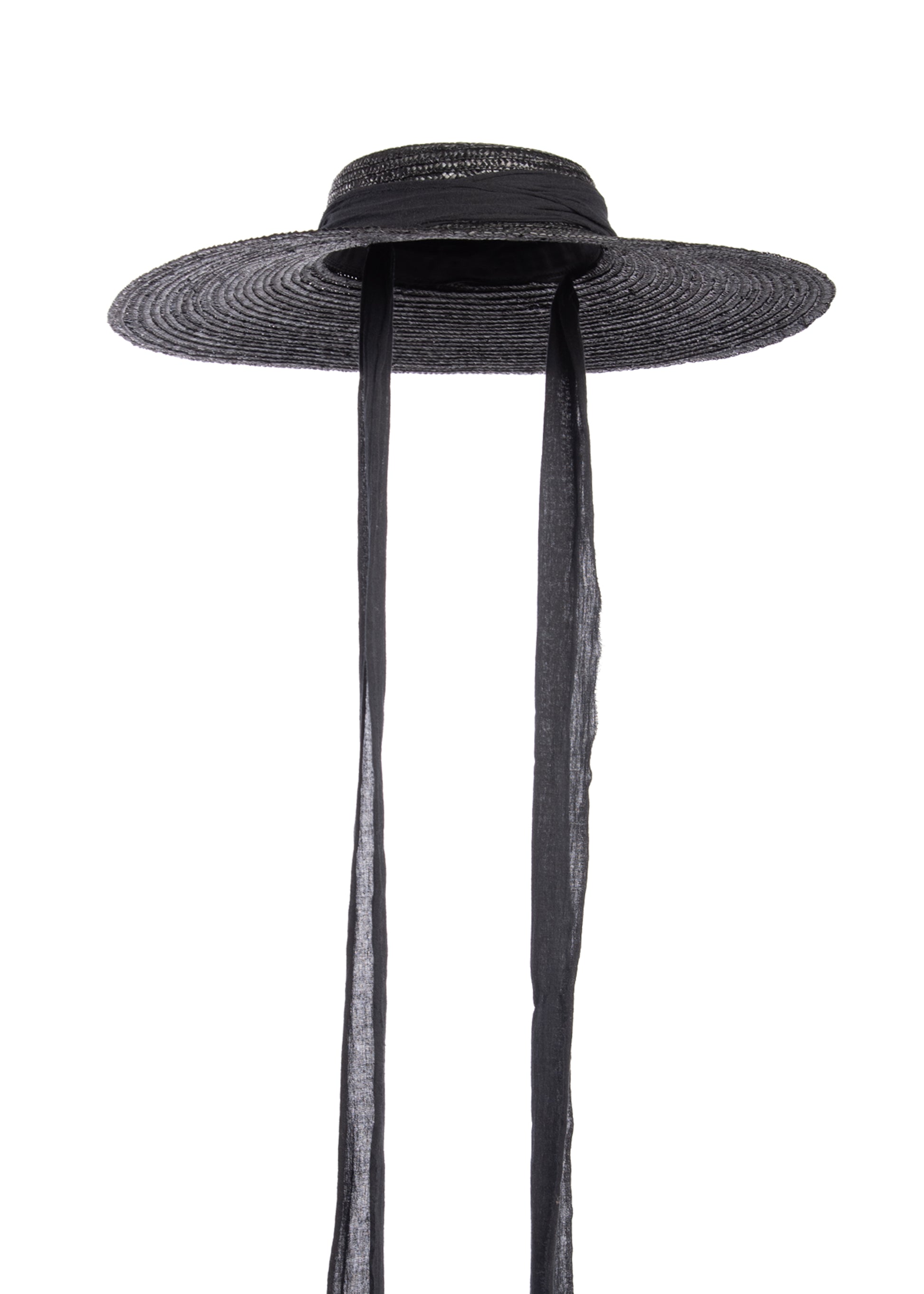 Black wide brim straw hat with long gauze ties - cottagegoth summer witchy beach hat.