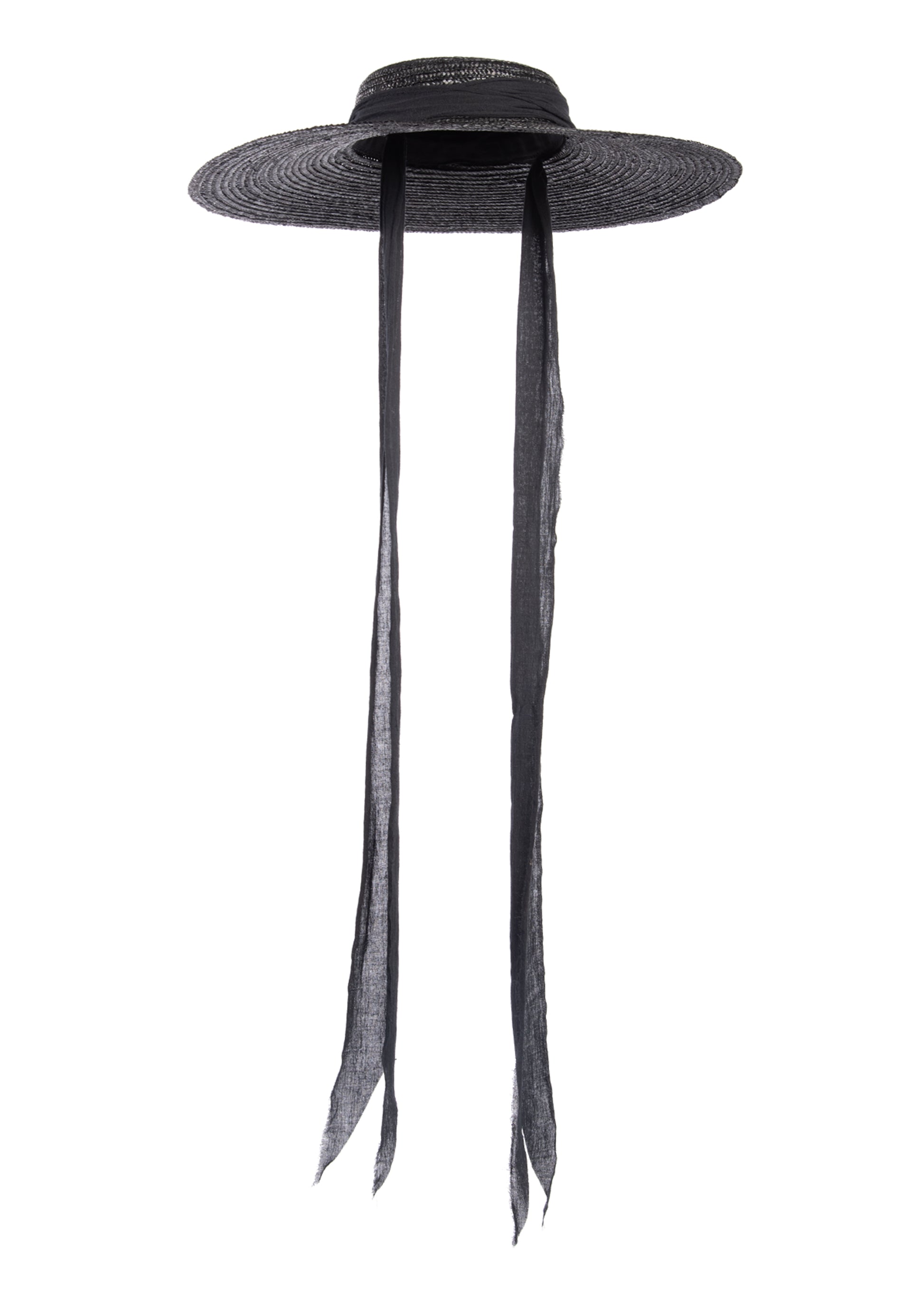 Black wide brim straw hat with long gauze ties - cottagegoth summer witchy beach hat.