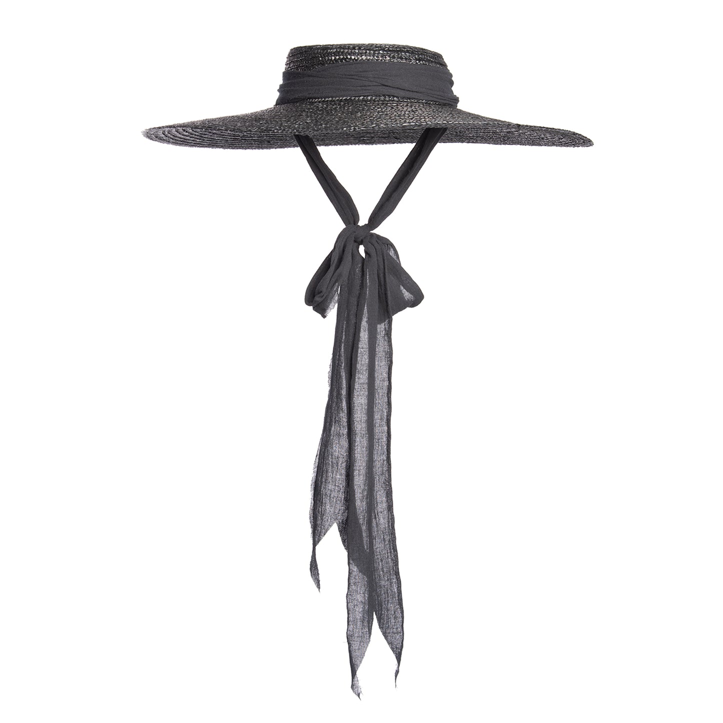 Black wide brim straw hat with long gauze ties - cottagegoth summer witchy beach hat.