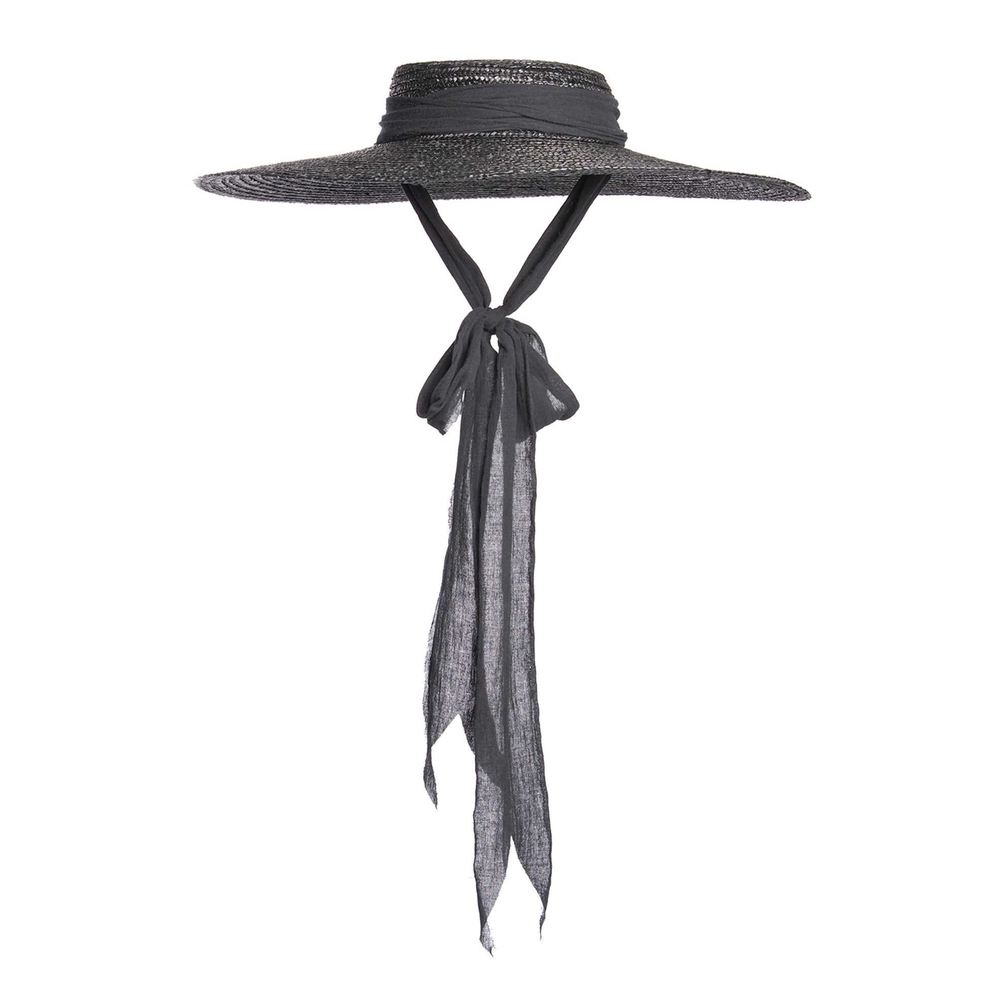 Black wide brim straw hat with long gauze ties - cottagegoth summer witchy beach hat.