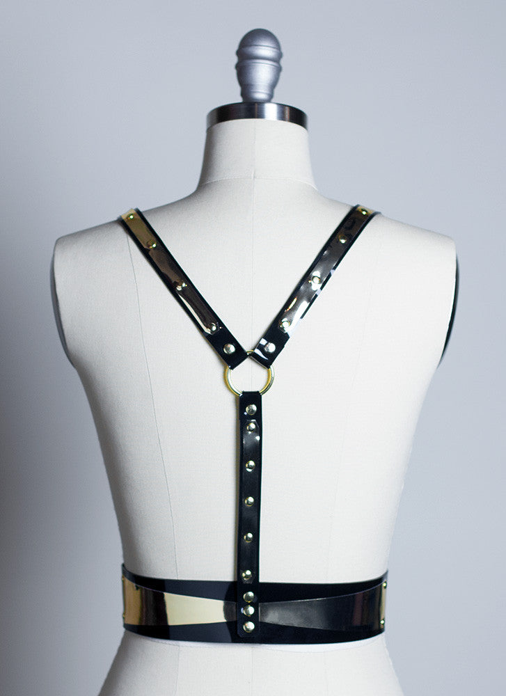 Apatico - Brigette Harness Belt - Black & Gold - Art Deco Gothic Style