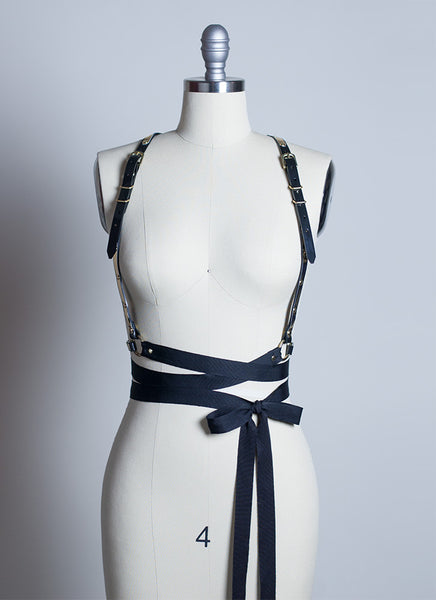Clara Ribbon Harness - Apatico - Wraparound bow harness belt with tassels - black pvc or leather - black and gold metallic silver - art deco gothic fetish fashion.