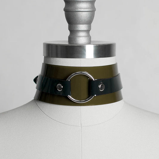 apatico industrial collar choker - o ring - translucent olive black pvc - gothic fetish fashion bondage style.