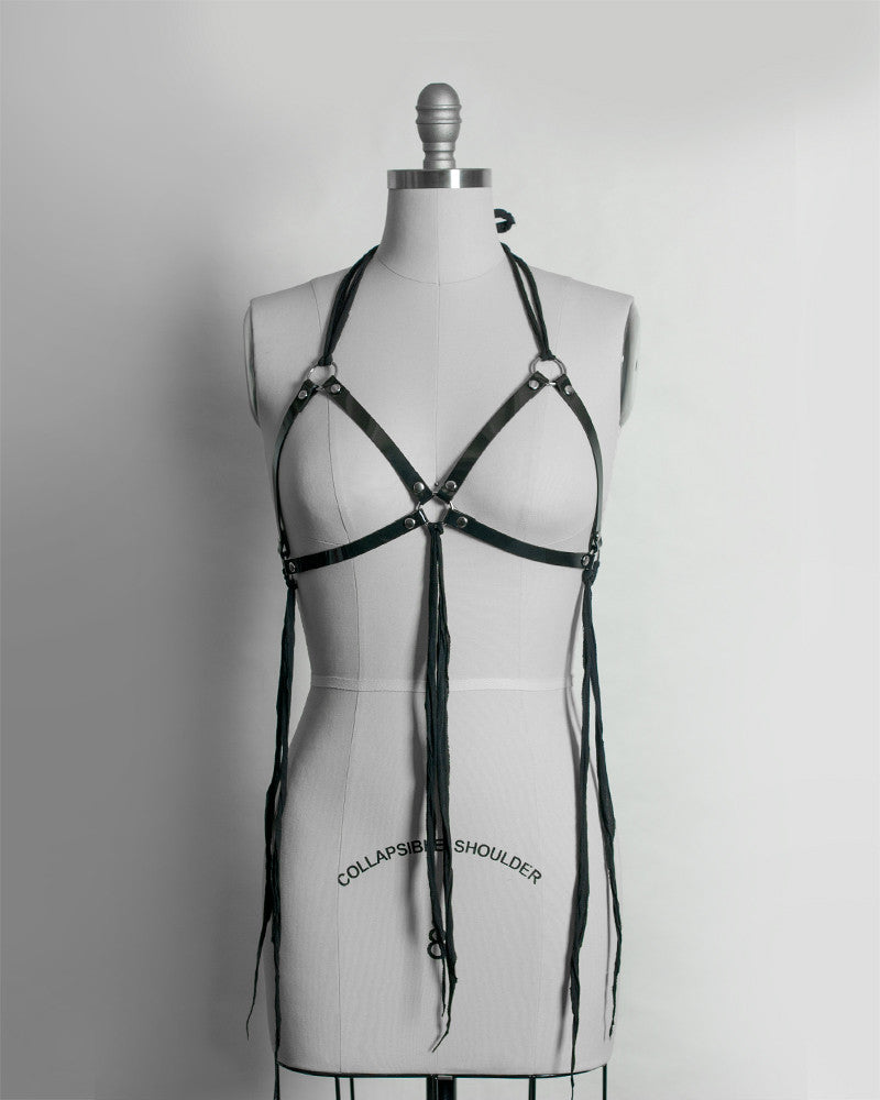 Wraith Cage Bra Harness - Black Pvc & Leather - Gauze Fringe - Apatico